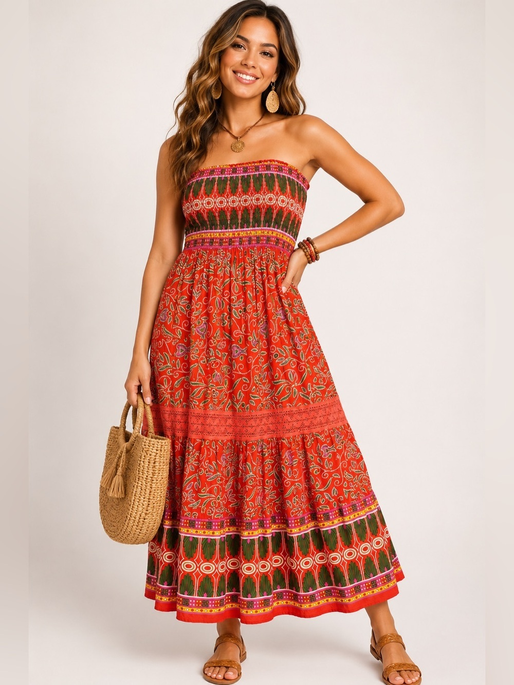 Speed Control New York Strapless Smocked Maxi Dress L Red Floral Paisley